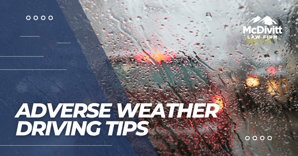 Car driving in rain. Caption for "adverse weather driving tips" blog