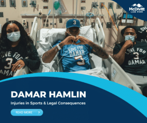 Buffalo Bills Safety Damar Hamlin in hospital following injury. Thumbnail for sport injury legal consequences blog.