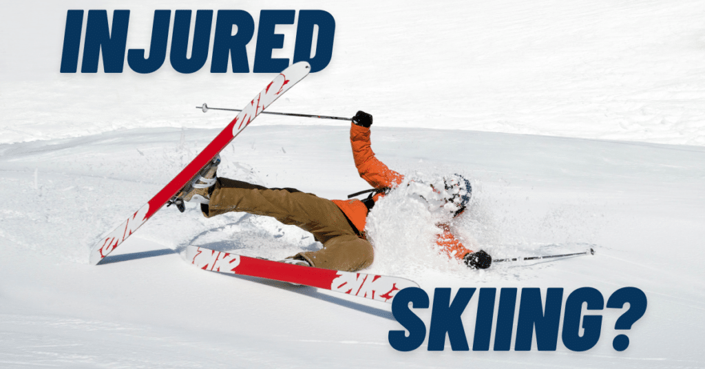 Person on skis falling onto the snow with text reading "injured skiing?"