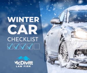 Car in snowy conditions, captioned "winter car checklist"